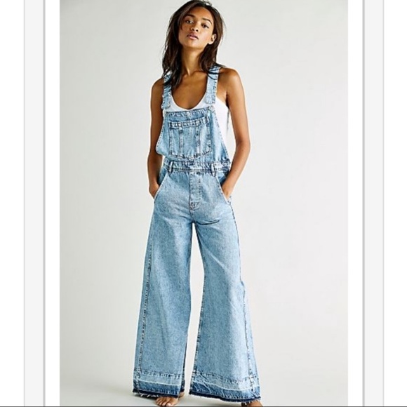 Free People Pants - New Free People Flora Denim Overalls Jumpsuit Flare Wide Leg in Powder Blue